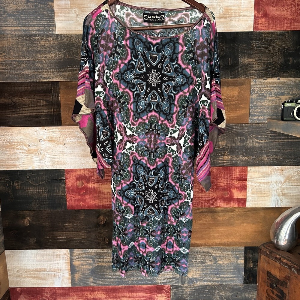 Custo Barcelona Y2K Geo Pattern Kimono Sleeve Mini Dress Size M Hippie Fractal